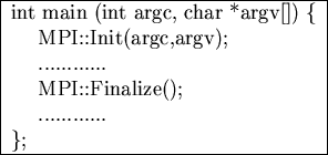 \begin{figure}
\begin{center}
\begin{tabular}{\vert l\vert}
\hline
int main (int...
...\\
\ \ \ \ ............\\
\}; \\
\hline
\end{tabular}\end{center}\end{figure}